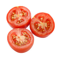 Close up of three tomato halves on black background on transparent background