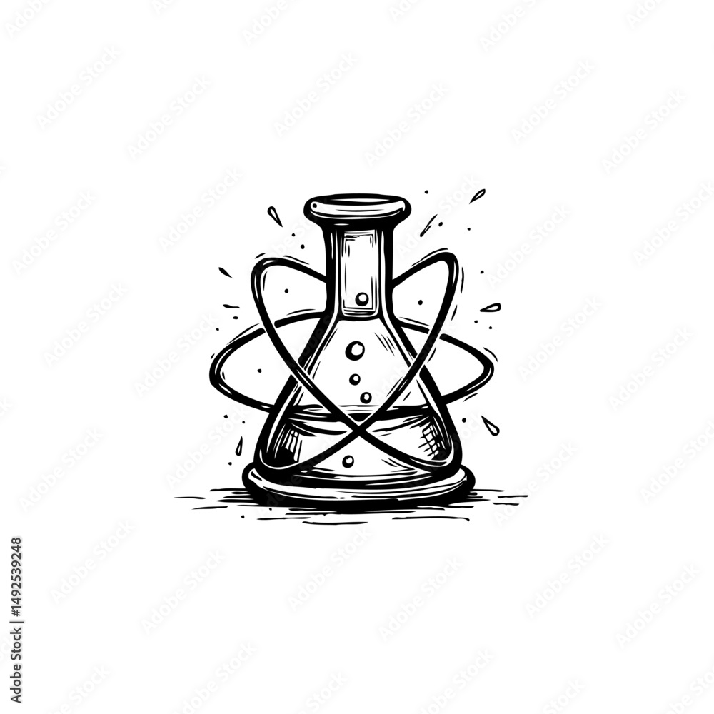 Poster stylized scientific conical flask with particles and dynamic orbits drawing