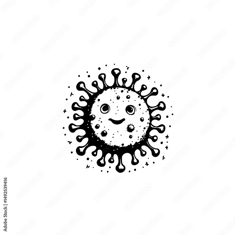 Poster whimsical depiction of a microscopic virus with facial features and unique spikes