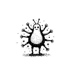 Whimsical eight-armed creature in monochrome illustration with dotted accent