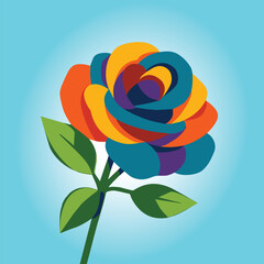 A vibrant abstract illustration of a rose with multicolored petals in shades of blue, red, orange, yellow, and purple. Set against a bright blue background, this modern floral design is ideal for crea
