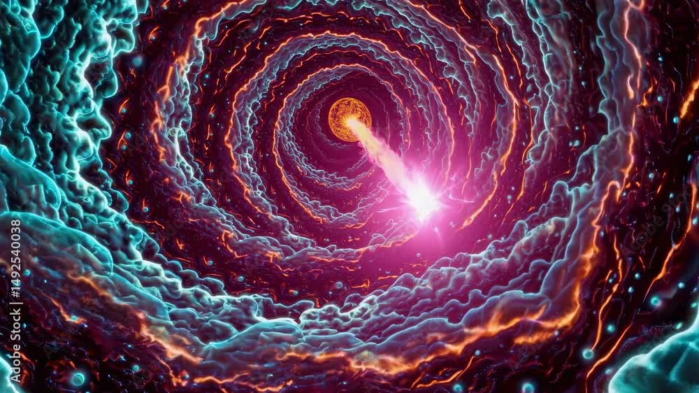 Poster colorful nebula clouds are swirling and creating a cosmic tunnel with a bright light shining in the 