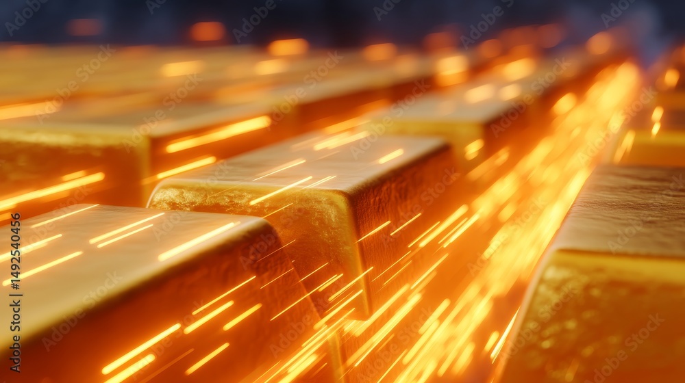 Poster close-up view of gleaming gold bars stacked together reflecting light and symbolizing wealth