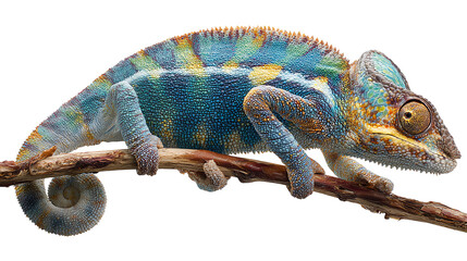 Naklejka premium Colorful chameleon perched on a branch. Isolated trasparent Png.