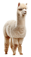 Cute alpaca standing proudly in a serene setting. Isolated trasparent Png.