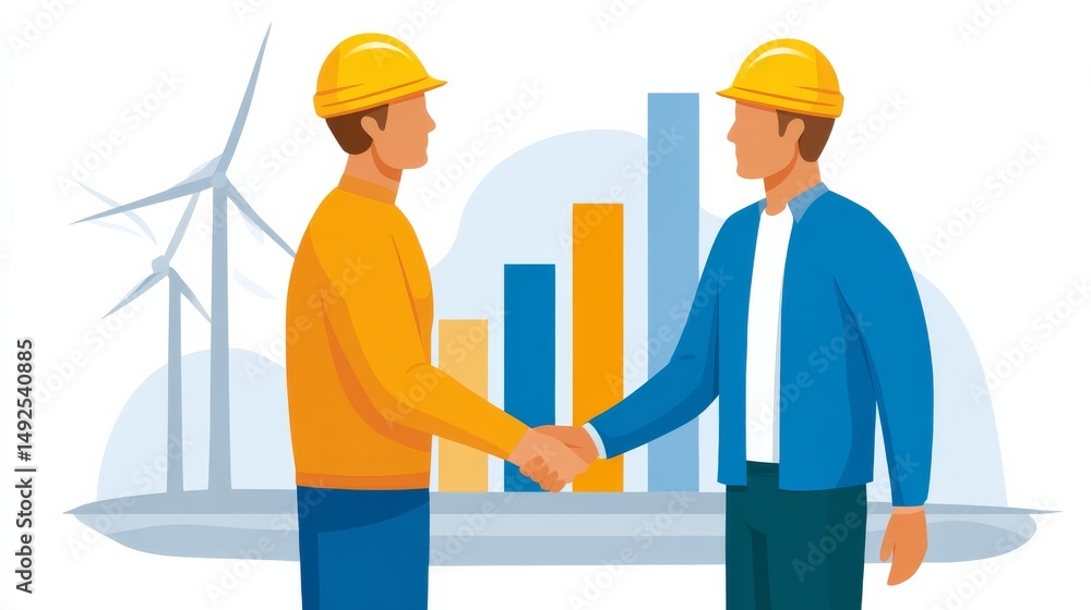 Poster engineers shaking hands in front of wind turbine and growth graph illustrating collaboration in the 