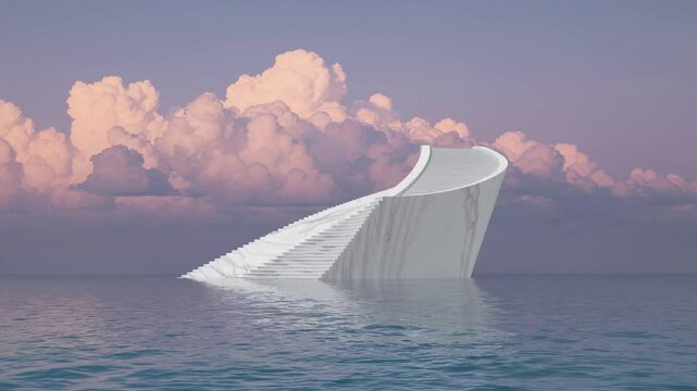 Escalier en marbre &eacute;mergeant de l&rsquo;oc&eacute;an vers les nuages roses

