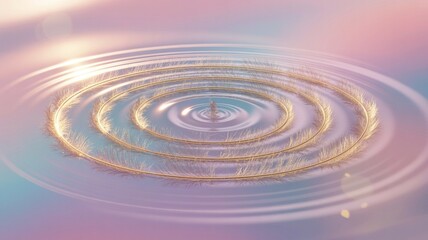 Concentric Golden Feather Ripples in Pastel Water with Splash and Soft Healing Glow