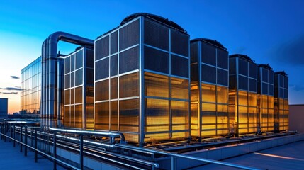 Cooling units and metal structures glowing in warm industrial lighting at night