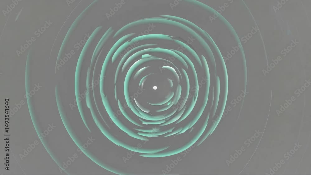 Poster concentric aqua green circles are rotating around a white circle on a gray background, creating a me