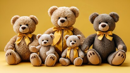 Teddy bear family together on bright yellow background