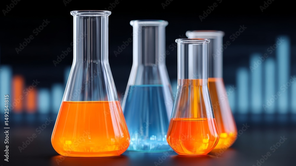 Poster laboratory glassware filled with colorful liquids in various flasks against dark abstract background