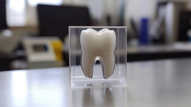 Detailed macro image of a D tooth print halfway complete on a pristine lab table