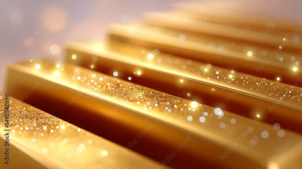 Poster stacks of shimmering gold bars reflecting light with a soft background
