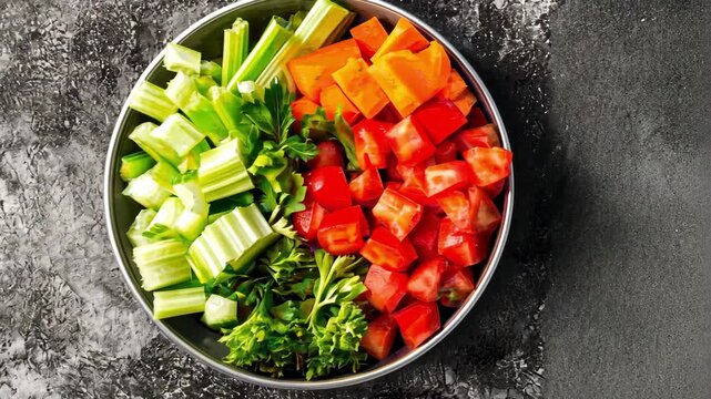 Freshly cut colorful vegetables in bowl, vibrant food preparation for healthy diet, vegan lifestyle.