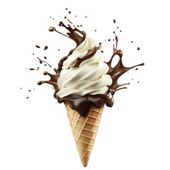 Ice cream cone with chocolate splash on black ground on transparent background