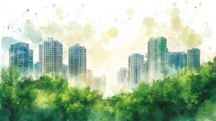 Serene Cityscape Watercolor Painting Green Trees and Gold Buildings