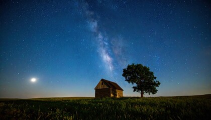 Rustic barn under starry night sky with milky way and single tree in open field