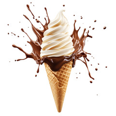 Vanilla ice cream cone with chocolate splash around on transparent background