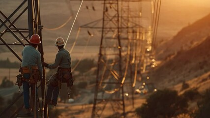 Power Line Maintenance at Sunset: Two maintenance workers are working on a power line tower at golden sunset time, it symbolizes the beauty of energy, power and the environment. - Powered by Adobe