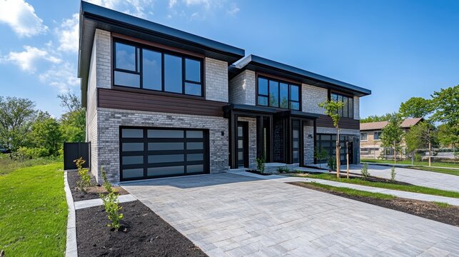 Freshly constructed townhomes with uniform architecture, brick walls, and new paved driveways under blue skies