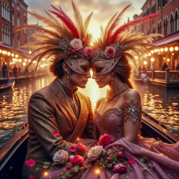 Concept of 2 lovers in a gondola in Venice at Mardigrass 