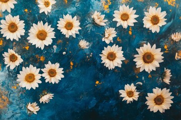 Delicate white flowers arranged artfully on a deep blue background.