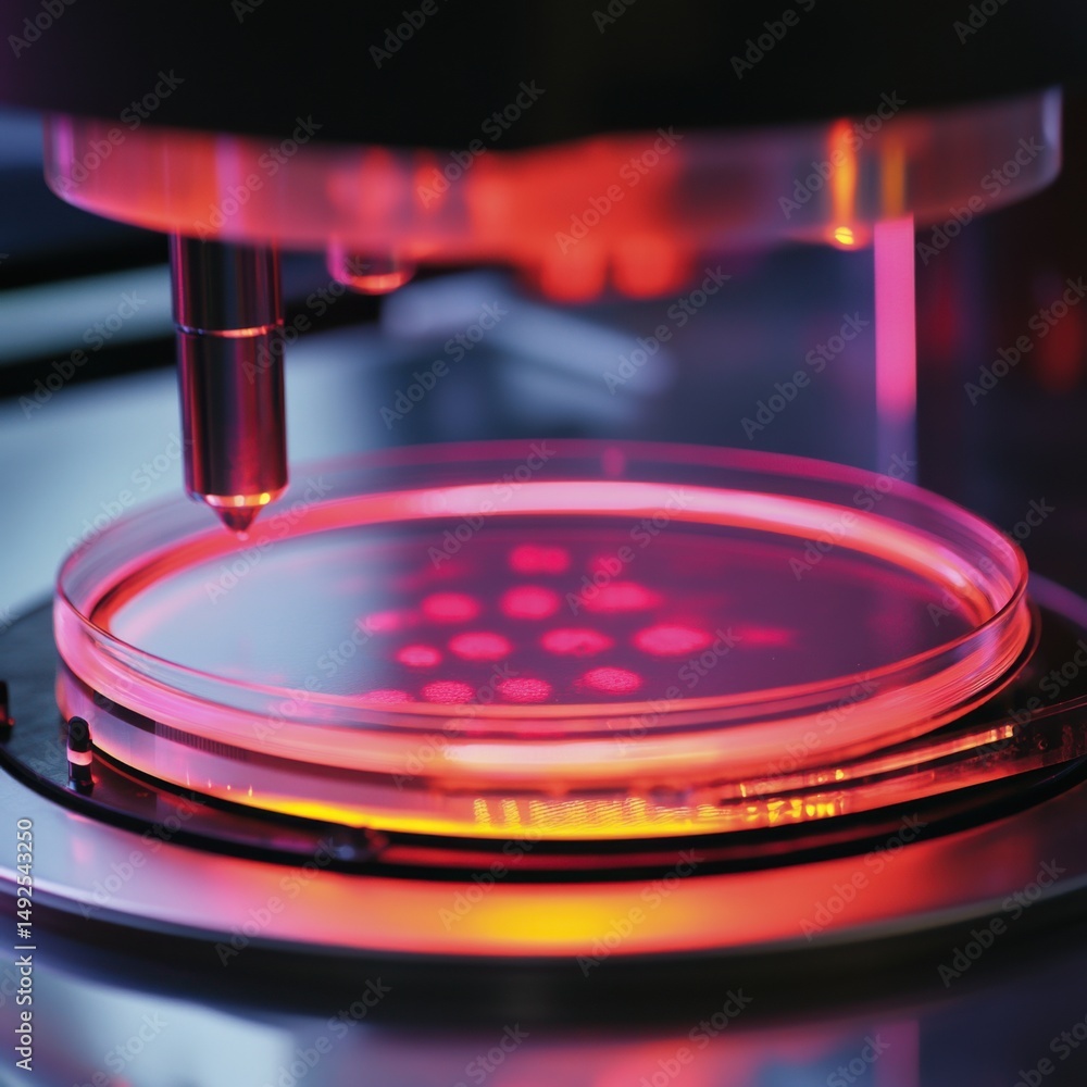 Poster close up of scientific instrument analyzing petri dish with colonies in lab setting with red light