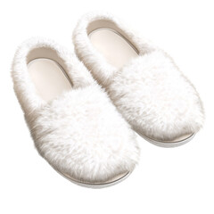 Pair of fluffy white slippers on a transparent background, cozy footwear for relaxation and comfort at home