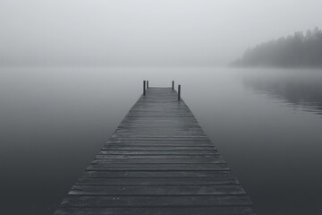 Misty lake, wooden pier extending into a hazy distance