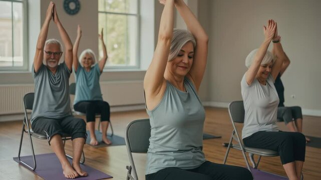 Older adults practicing chair yoga in a bright indoor wellness class with extended arms. Healthy aging, accessibility in fitness, community support, body awareness