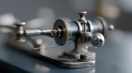 A delicate antique sewing machine needle poised in anticipation, waiting quietly amidst a nostalgic atmosphere.