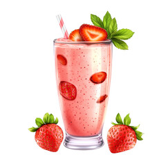 A strawberry smoothie with fresh fruit and a straw on transparent background