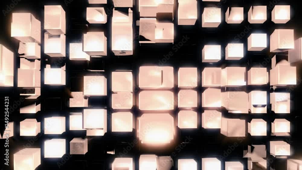 Poster glowing cubes form a captivating abstract pattern against a dark background, showcasing a modern and