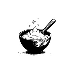 Whimsical black and white dessert illustration featuring a bowl of creamy sweetness