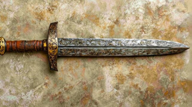 ornate medieval sword displayed on mottled stone surface with gold accents and aged detailing