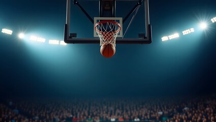 A basketball hoop stands in a dimly lit arena, with a ball positioned nearby, emphasizing the sport's intensity.