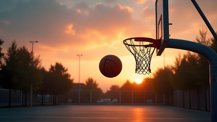 Naklejka premium A basketball going through the hoop during golden hour, with warm sunset tones casting long shadows, glowing clouds in the background, and the net glowing in the soft orange light.
