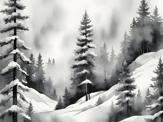 Monochrome Watercolor Winter Forest with Snow-Covered Pines and Misty Mountains – Hand-Painted Landscape Illustration