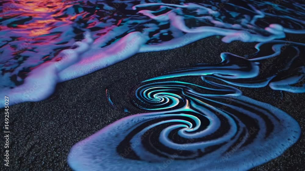 Poster colorful liquid swirls are flowing and mixing, creating mesmerizing abstract patterns on a dark, tex