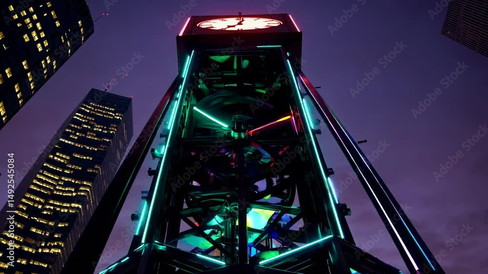 Poster vibrant clock tower with neon lights stands tall against a backdrop of skyscrapers and the twilight 