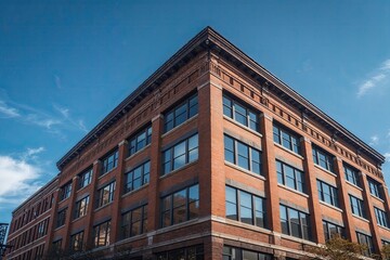 Fototapeta premium Historic Brick Office Building Under Clear Blue Sky