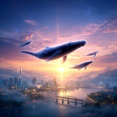 Celestial Symphony: Flying Whales Over City at Sunset, a Dreamlike Scene Unveiling Imagination.