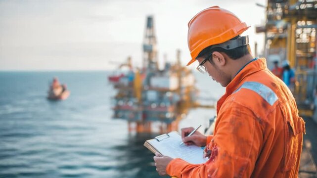 Industry professional working on Oil Rig: An industrious engineer diligently records crucial data amidst the operational heart of an oil rig.