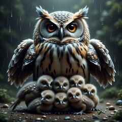 Great horned owl with her young chicks ~ Ai