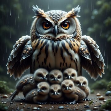 Great horned owl with her young chicks ~ Ai