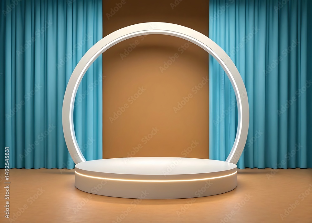 Poster Modern minimalist stage design with soft curtains and illuminated circle for presentation
