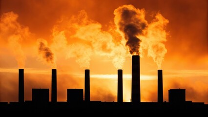 Industrial smokestacks silhouetted against a dramatic orange sky, releasing plumes of smoke into the atmosphere at sunset.