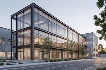 Obraz premium Contemporary Two-Story Industrial Office Building Featuring Glass Design and Minimalist Aesthetics