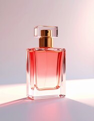 Perfume advertisement, luxury and minimalism: Crystal-like perfume bottle, soft spotlight.